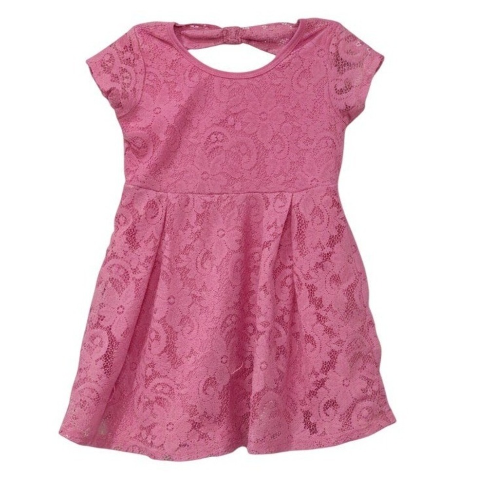 Duchess Girls Pink Lace Bow Back Dress Short Sleeve Flounce‎ Skirt - 4T